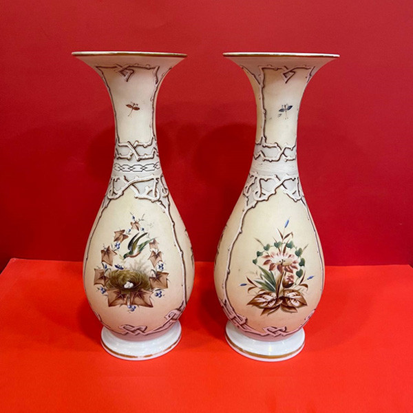 2 Antique Chinese Porcelain Hand Painted Vases, Long Circle Shaped, White Colored, with Flowers & Shapes