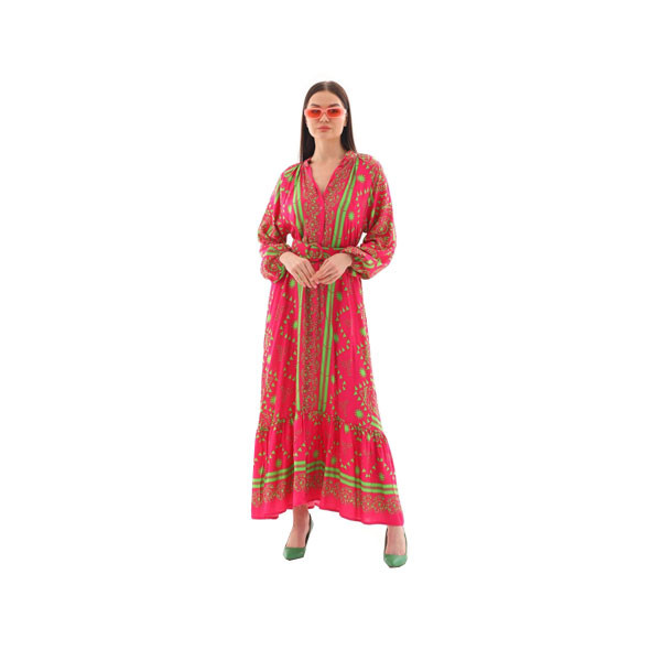 Flowered Kuderi Autumn Spring Chiffon Women Dresses in 4 colors (Red, Orange, Blue & Green), Decorated with Single Color Designs, with Fabric Belt
