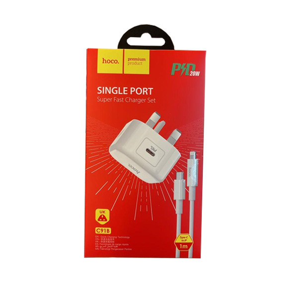 Hoco Single Port Super Fast Charger Set, 20W, Model No. C91B UK Type