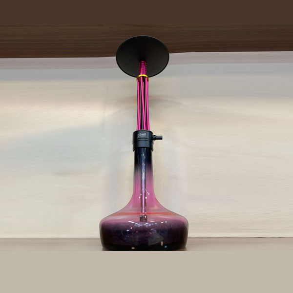 Al Amasi Single Hose Hookah, with Metallic Body Covered from Thin Pink Color Metallic Pipelines, Black Metallic Top Tray & Pink-Black Shade Glass Base