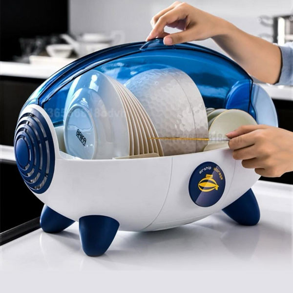 QWK Kitchen Rack Space Capsule with Cover Dustproof Drip Cupboard Storage Rack Creative Airship Bowl Rack