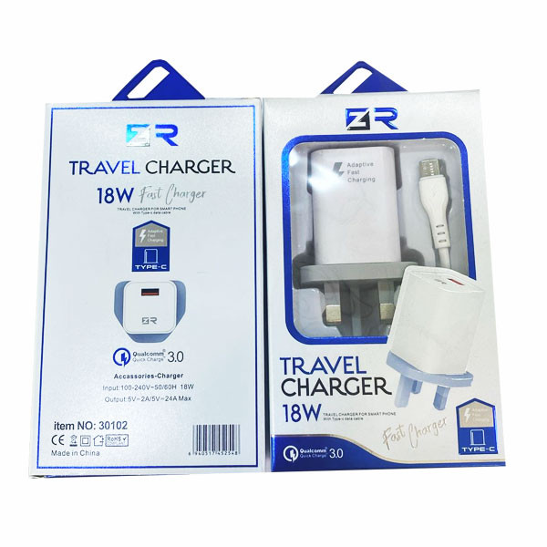 ZR Travel Charger QC3.0, PD, 18W, Type-C, White Color Model No. 30102