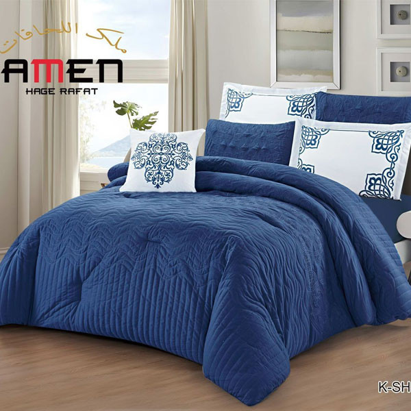 Amen Hage Rafat Set of 7 pieces (Comforter, Filted Sheet, 2 Pillow Cases, 2 Pillow Shams, Cushion) Blue Color, Model No. K-SHINY 07