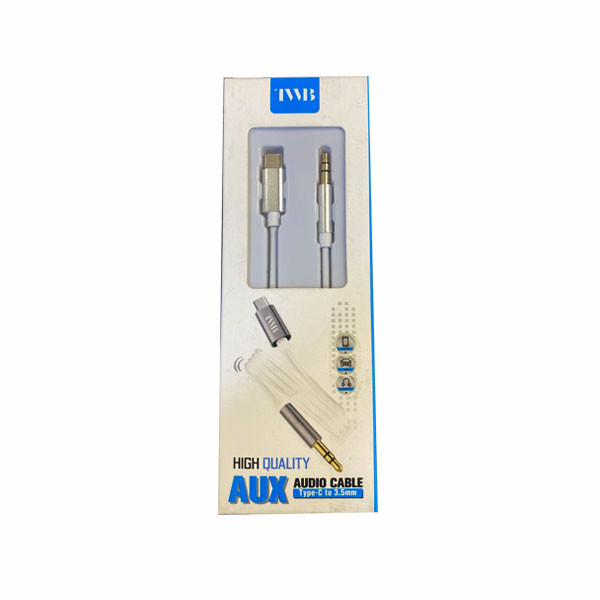 TWB AUX Audio Cable Type-C to 3.5mm, White & Silver Color