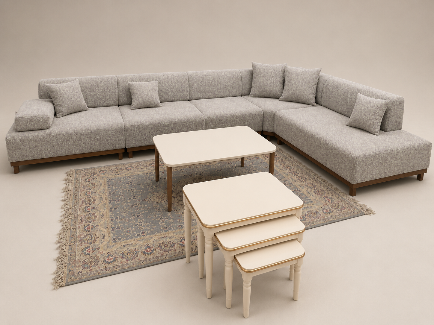 Modern Modular L-Shaped Boucle Sectional Sofa with Low-Profile Wooden Base