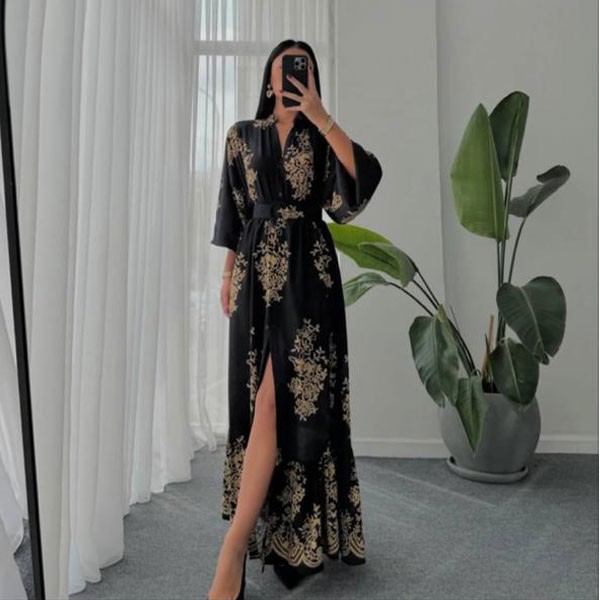 Floral Brocade Belted Dress with front slit