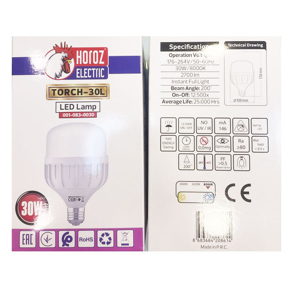 Horoz Electric Led Lamp 30W, A+, 2400lm, 6400K, E27, Screw, Model No. TORCH-30L