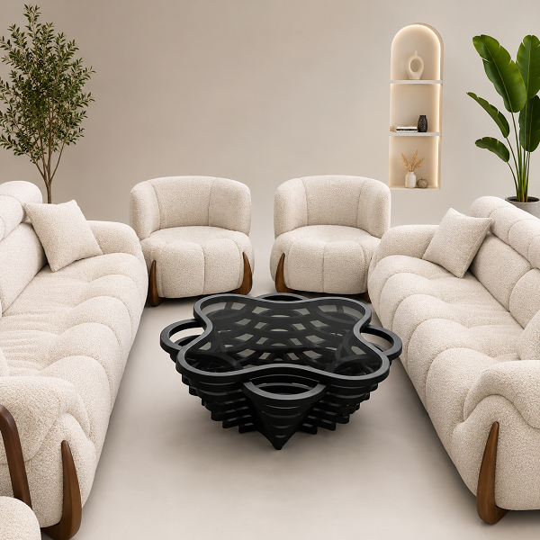 Luxury Tufted Boucle Curved Sofa & Barrel Armchair Living Room Set with Walnut Wood Accents