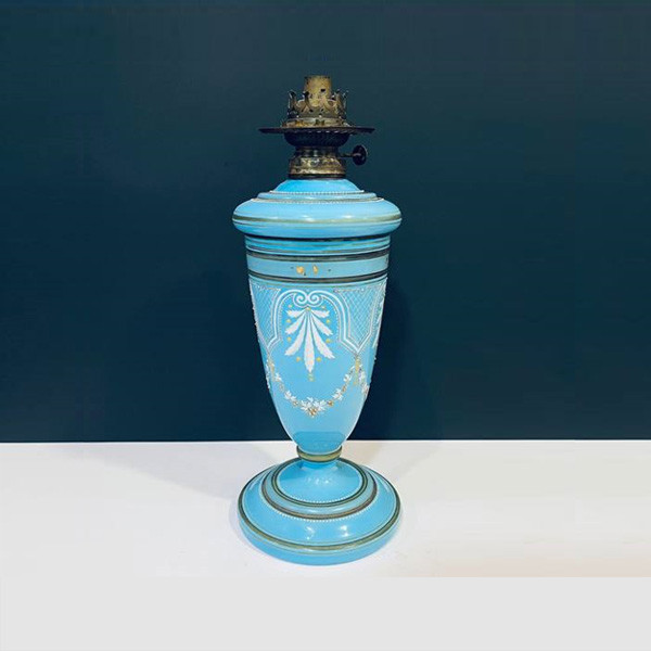 Collectible Antique Table Light of Blue Light Colored Porcelain with White Drawings & Bronze Lamp Base