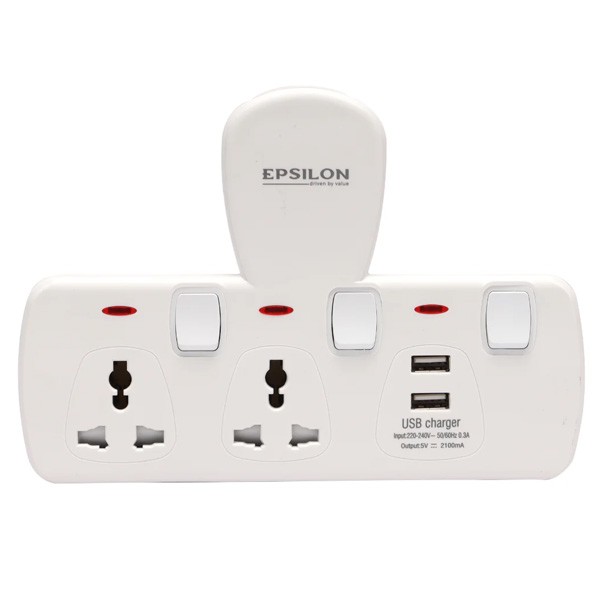 Epsilon 13A 250V~ 3250W, 2-way universal  + 2-way USB, T-socket with Individual Switches, Model No. ES1113