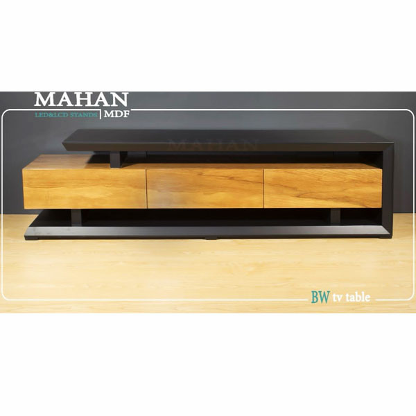 Mahan BW TV Table from MDF, 160cm width, Black Color Rectangular Shape & 3 Brown Light Wooden Color Drawers