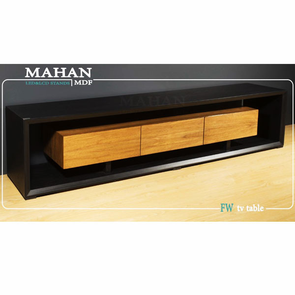 Mahan FW TV Table from MDF, 180cm width, Black Color Rectangular Shape & 3 Brown Light Wooden Color Drawers