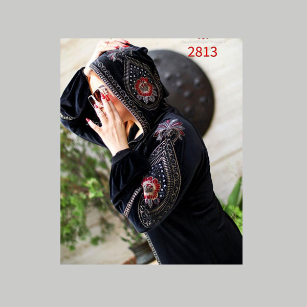 Fallaha New Collection Single Black Color Abaya with Black Beads Belt & Gray-Red Embroidered Flower & Shape Designs on 2 Sleeves & Abaya's Scarf Model No. 2813