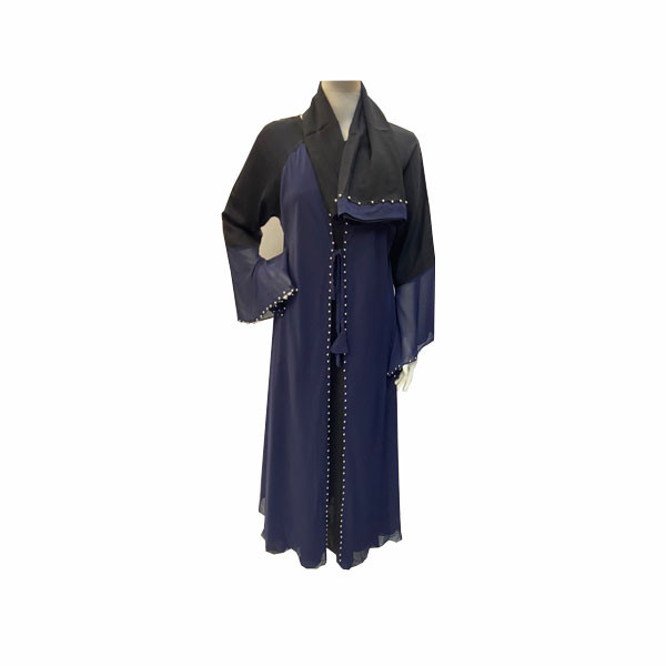 Harzan Gul Abaya in Black & Blue Color with Fabric Belt & Decorative Small Silver Buttons in the Sleeves & Abaya's Edges