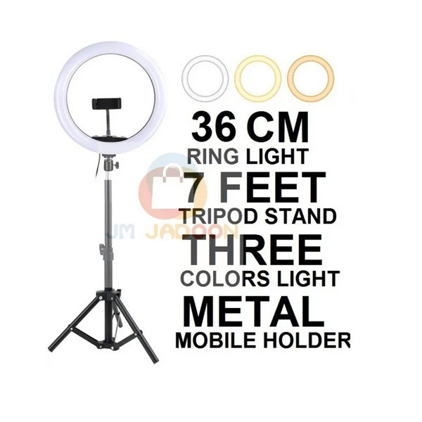 OEM 36cm Ring Light with 7ft Stand & 3 Metal Universal Phone Holder with Wired Remote Adjustable for TikTok Video Shooting