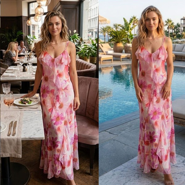 Long summer dress with thin straps.
